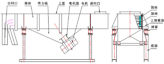 直線振動(dòng)篩內(nèi)部結(jié)構(gòu)：出料口，篩體，傳力板，上蓋，電機(jī)座，電機(jī)，進(jìn)料口，篩框，篩網(wǎng)，上彈簧座，彈簧，底腿。