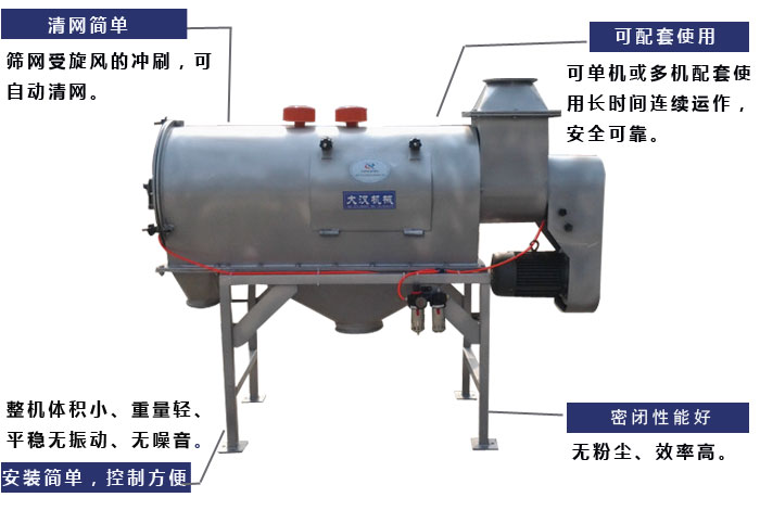 氣旋篩工作原理：篩網(wǎng)受旋風(fēng)的沖刷，可自動(dòng)清網(wǎng)，單機(jī)或多機(jī)配套使用長(zhǎng)時(shí)間連續(xù)運(yùn)作，安全可靠。