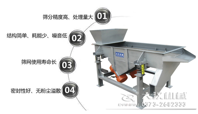 1016型直線振動(dòng)篩特點(diǎn)：1，篩分精度高，處理量大。2，結(jié)構(gòu)簡(jiǎn)單，耗能少，噪音低，3，篩網(wǎng)使用壽命長，密封性好無粉塵溢散。