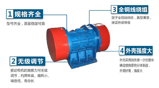 VB振動(dòng)電機(jī)特點(diǎn)：1，規(guī)格齊全：型號(hào)齊全，質(zhì)量穩(wěn)定可靠。2，無極調(diào)節(jié)：振動(dòng)電機(jī)的激振力可無極調(diào)節(jié)，利用率高，能耗小，噪音低，壽命長。4，外殼輕度大：外殼采用消失模一次性整體鑄造替換原有分體制造，外觀好看，強(qiáng)度大。