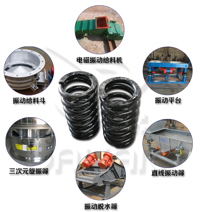 旋振篩減震彈簧適用產(chǎn)品：振動(dòng)給料機(jī)，電磁振動(dòng)給料機(jī)，振動(dòng)平臺(tái)，直線振動(dòng)篩，振動(dòng)脫水篩，三次元旋振篩。