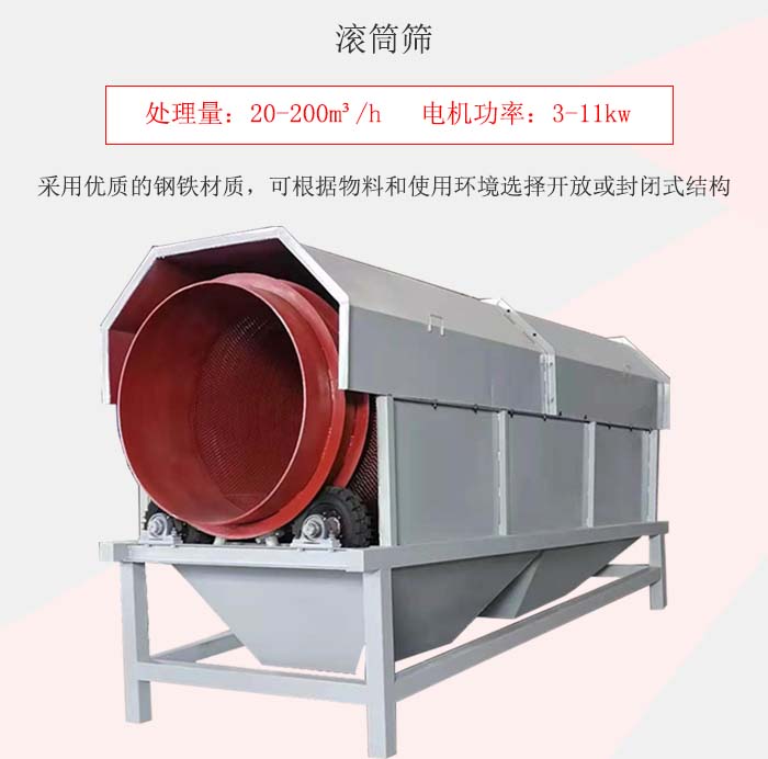 滾筒篩采用優(yōu)質(zhì)的鋼鐵材質(zhì)，可根據(jù)物料和使用環(huán)境選擇開(kāi)放或封閉式結(jié)構(gòu)