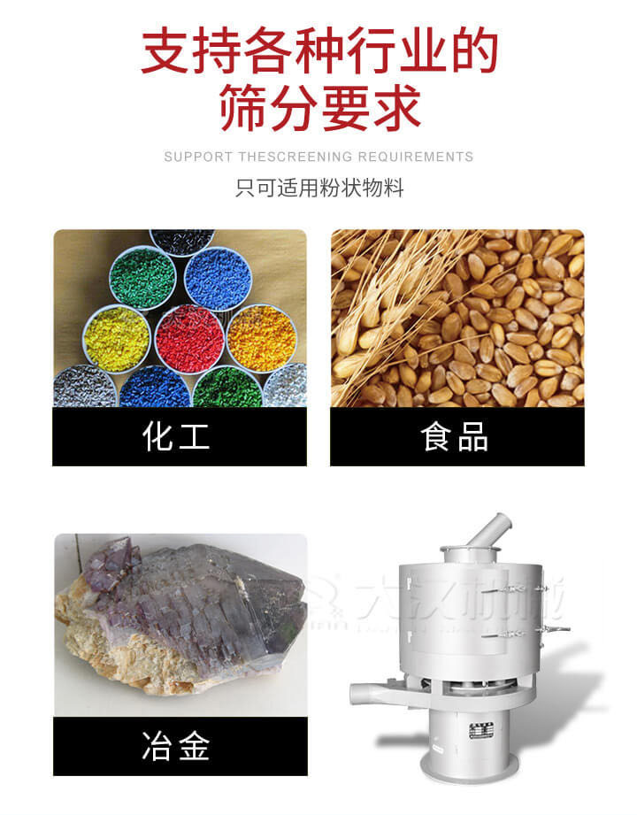 氣流篩用于礦粉，石墨粉，活性納米碳酸鈣，鋁灰，大豆粉，碳酸重鈣，石墨粉，木粉，干草，重金石粉，藥粉末，橡膠顆粒，草酸鹽，干料粉，木粉，聚酯粉，干粉，塑料，金屬粉末，橡膠粉，粉煤灰，石墨粉，陶瓷粉，鋅粉，石英粉，石灰粉，鐵粉，金屬硅粉等。
