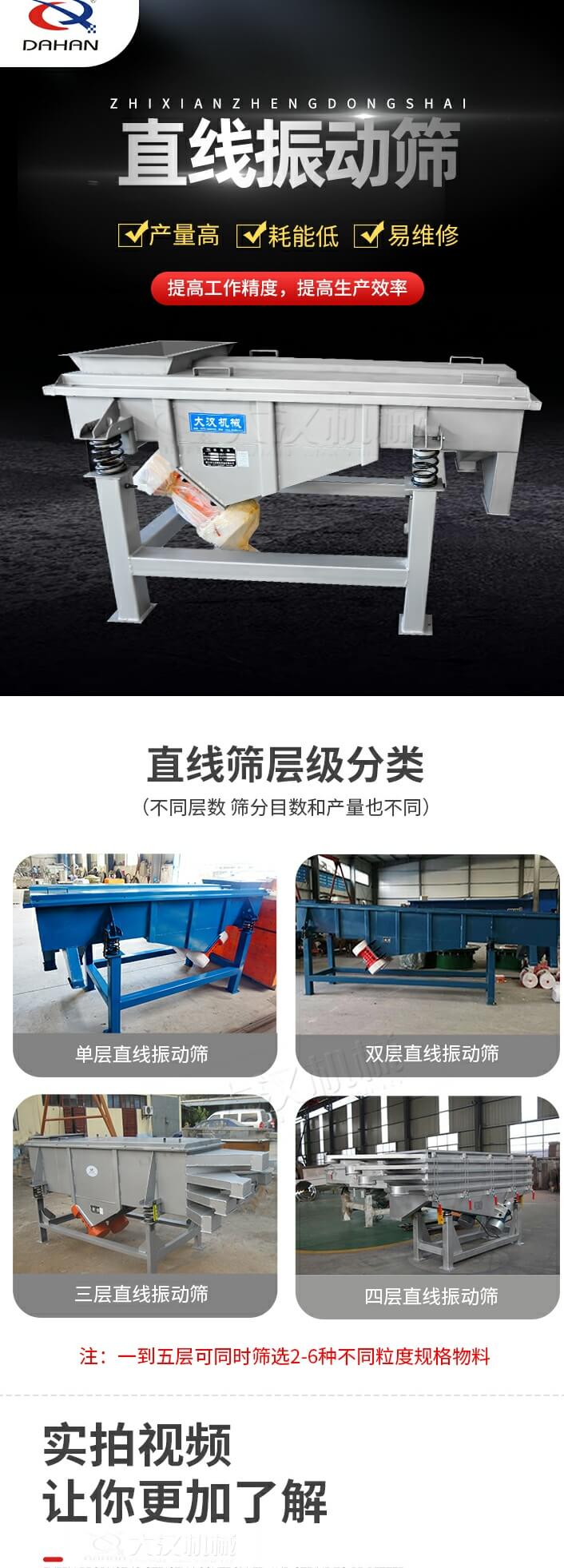 直線振動(dòng)篩特點(diǎn)：產(chǎn)量高，耗能低，易維修同時(shí)能夠提高工作精度，提高生產(chǎn)效率等優(yōu)勢(shì)。直線振動(dòng)篩層級(jí)分類：?jiǎn)螌?，雙層，三層，四層等不同層數(shù)，篩分目數(shù)和產(chǎn)量也會(huì)有所不同。直線振動(dòng)篩篩分塑料顆粒試機(jī)現(xiàn)場(chǎng)：塑料顆粒從入料口進(jìn)入直線振動(dòng)篩，由雙電機(jī)帶動(dòng)機(jī)體振動(dòng)，產(chǎn)生的振動(dòng)頻率使大小不一的塑料顆粒被篩網(wǎng)篩分，自動(dòng)分層排料,篩分效率高