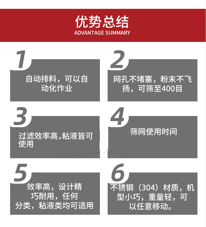 過濾篩優(yōu)勢(shì)總結(jié)：1，自動(dòng)排料，可以自動(dòng)化作用。2，網(wǎng)孔不堵塞，粉塵不飛揚(yáng)，可篩至400目。3，過濾效率高，任何粒，粉，粘液也可使用。4，篩網(wǎng)設(shè)計(jì)大大提高了篩網(wǎng)使用時(shí)間，也魏換網(wǎng)提高了方便。5，效率高，設(shè)計(jì)精巧耐用，任何分類設(shè)計(jì)精巧耐用，任何分類，粘液類均可適用。6，不銹鋼材質(zhì)機(jī)型小巧，重量輕，可以任意移動(dòng)。