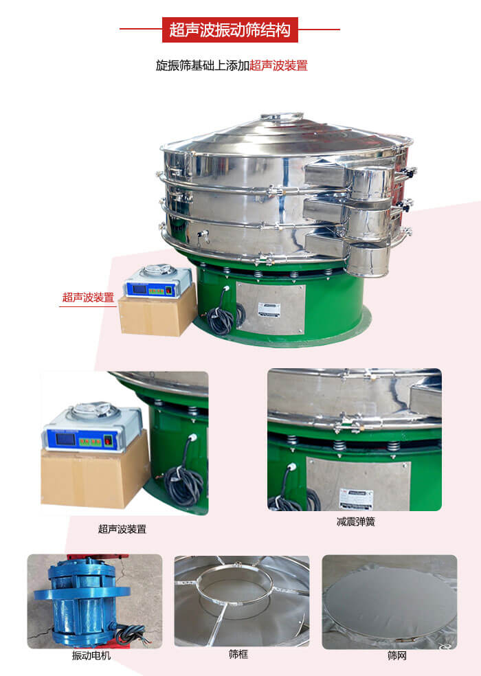 圓篩機(jī)內(nèi)部結(jié)構(gòu)：主要由振動(dòng)電機(jī)、篩框、篩網(wǎng)、超聲波系統(tǒng)、減震彈簧等展示圖