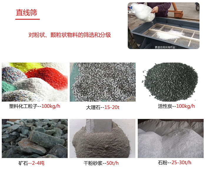 直線篩使用范圍：石英砂，砂石，煤炭，生石灰，化肥顆粒等物料展示圖