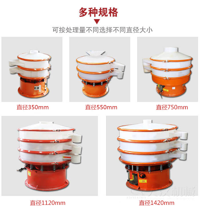 塑料振動篩不同篩分直徑進(jìn)行展示：350，550，750，1120，1420等。
