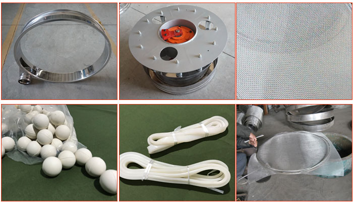 800型全不銹鋼振動(dòng)篩配件有：振動(dòng)篩篩框，電機(jī)，不銹鋼篩網(wǎng)等。