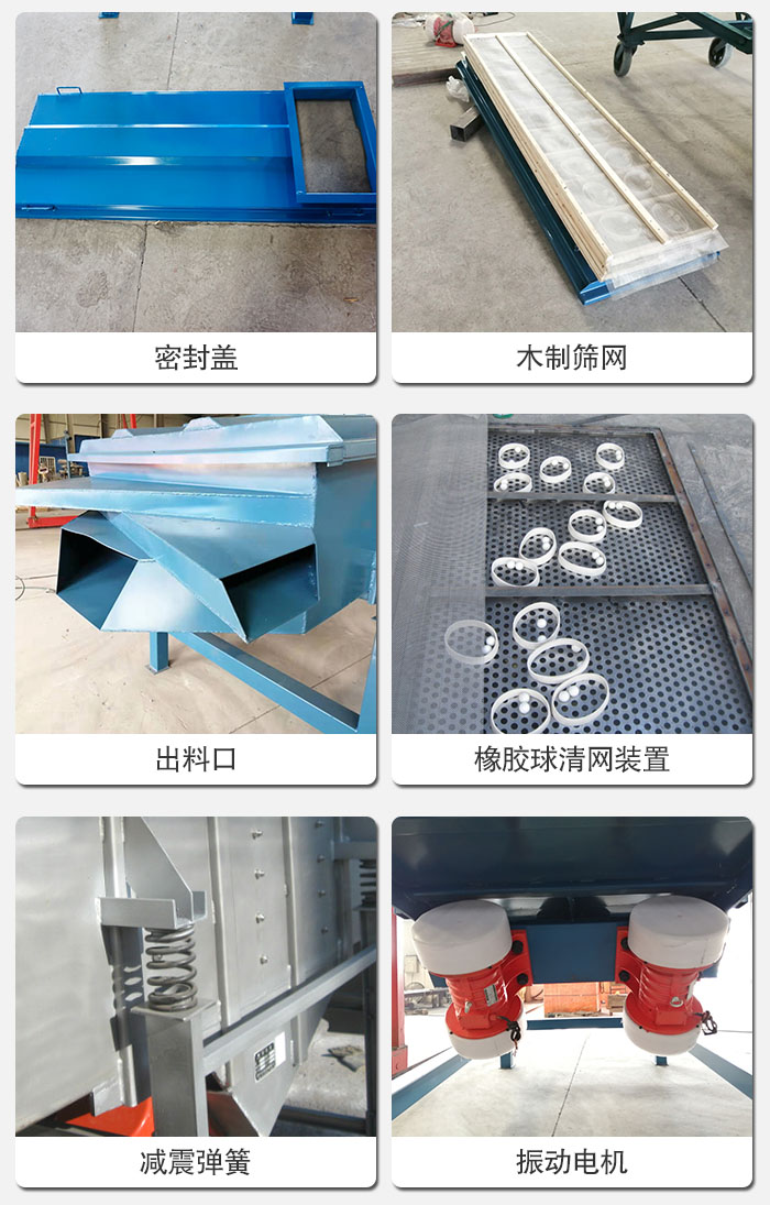 直線篩結(jié)構(gòu)展示：篩網(wǎng)，篩箱，振動電機(jī)，振動電機(jī)座，減震彈簧，支架等部件展示圖