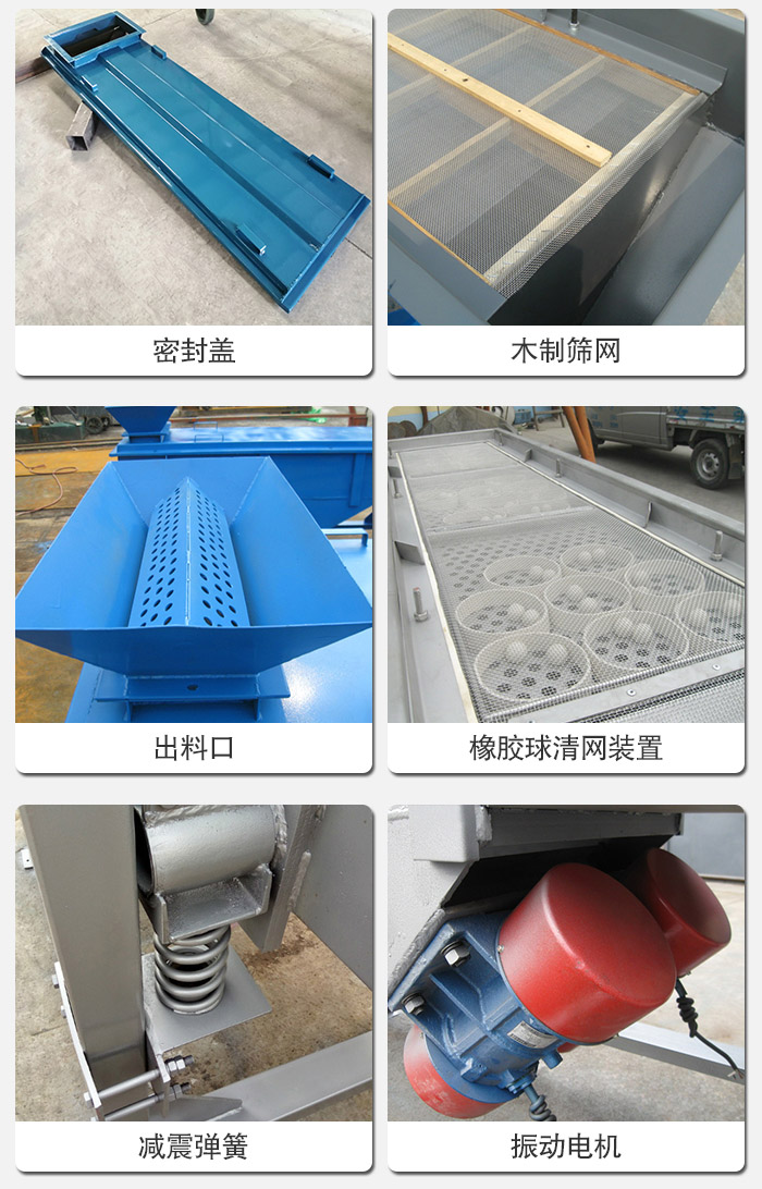 直線篩分機(jī)的結(jié)構(gòu)展示圖：篩箱是物料主要篩分設(shè)備之一，篩網(wǎng)用于篩分物料，振動電機(jī)幫助篩網(wǎng)篩分。