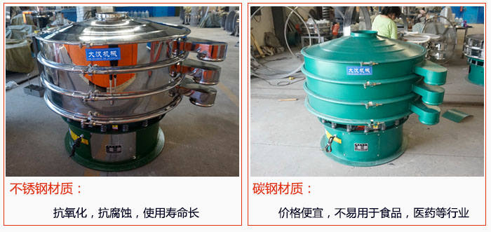 800型振動(dòng)篩有不銹鋼和碳鋼兩種材質(zhì)，不銹鋼材質(zhì)：抗氧化，抗腐蝕，使用壽命長 碳鋼材質(zhì)：價(jià)格便宜，不易篩分食品，化工，醫(yī)藥等行業(yè)的物料。