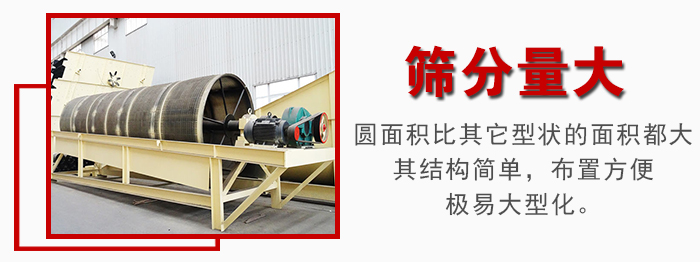 滾筒篩篩分產(chǎn)量大，產(chǎn)量可達(dá)200噸/時(shí)