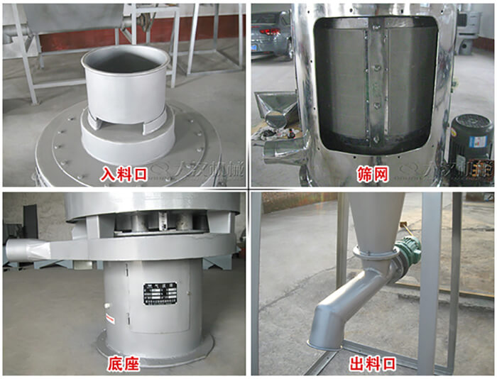 氣流篩部件展示：入料口，篩網(wǎng)，底座，出料口等。