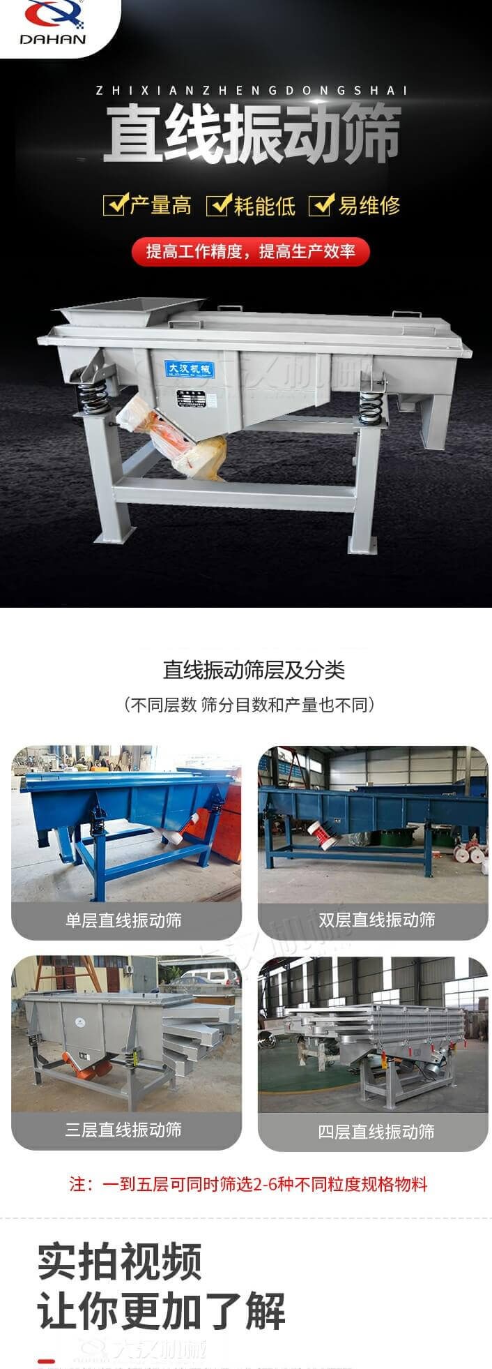 直線振動篩概述，產(chǎn)量高，耗能低，易維修，提高工作精度，提高生產(chǎn)效率，直線振動篩層級分類：不同層數(shù)，篩分目數(shù)和產(chǎn)量也不同：單層，雙層，三層，四層等。