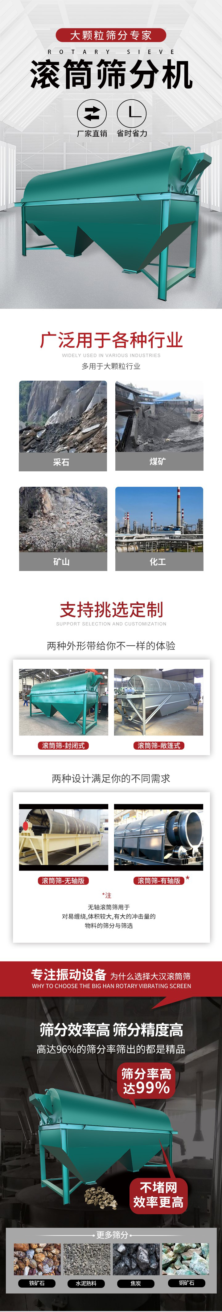 滾筒篩分機(jī)大顆粒篩分專家：廠家直銷，省時(shí)省力。滾筒篩被廣泛應(yīng)用各種行業(yè)：多用于大顆粒行業(yè)例如：采石，煤礦，礦山，化工等。滾筒篩定制類型有哪些：封閉式與敞篷式產(chǎn)品結(jié)構(gòu)分為：無軸式，有軸式兩種，無軸滾筒篩用于對(duì)纏繞，體積較大，有大的沖擊量的物料的篩分與篩選。滾筒篩篩分效率高篩分精度能夠達(dá)到：96%也比較適用于鐵礦石，水泥熟料，焦炭，銅礦石。滾筒篩特點(diǎn)：不飛粉末：密封隔離罩，密封性好，工作過程不會(huì)出現(xiàn)飛粉現(xiàn)象。外型尺寸是按筒體長(zhǎng)計(jì)