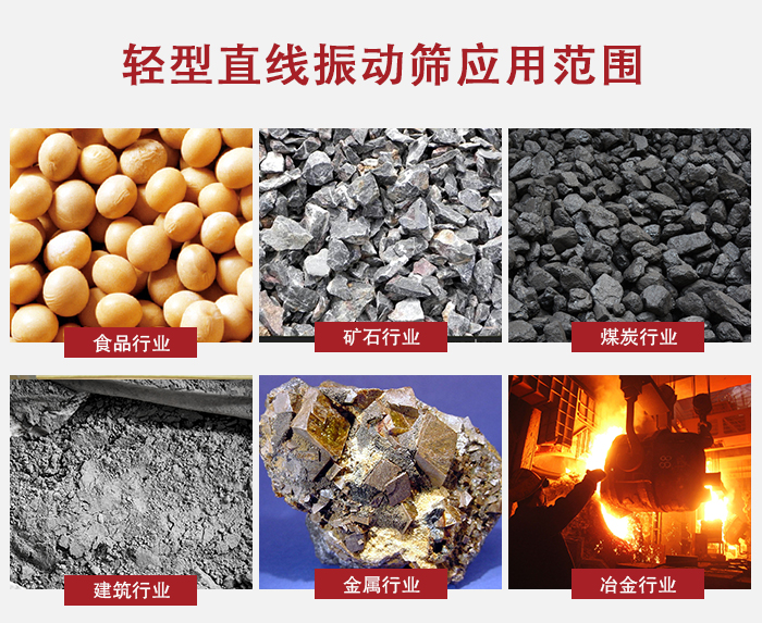 輕型直線振動(dòng)篩應(yīng)用范圍較廣多使用與顆粒狀，粉狀以及其它重型行業(yè)的輸送。