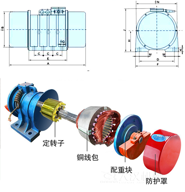 YZS振動(dòng)電機(jī)內(nèi)部主要部件：定轉(zhuǎn)子，銅線包，配重塊，防護(hù)罩。
