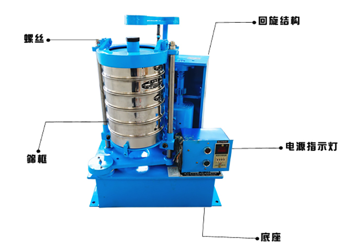 拍擊式標準振篩機的作用原理：主要振動部件；回旋結(jié)構(gòu)，篩框底座，電源指示燈。
