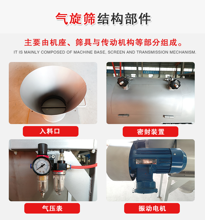 氣旋篩結(jié)構(gòu)：入料口，密封裝置，電機(jī)，氣壓表等