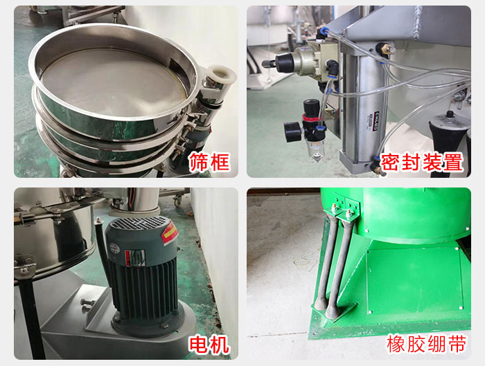 搖擺篩結(jié)構(gòu)：電機(jī)，橡膠繃帶，篩框，密封裝置等。