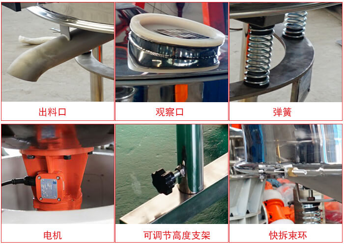 高頻篩細(xì)節(jié)展示：出料口，觀察口，彈簧，電機(jī)，可調(diào)節(jié)高度支架，快拆束環(huán)。